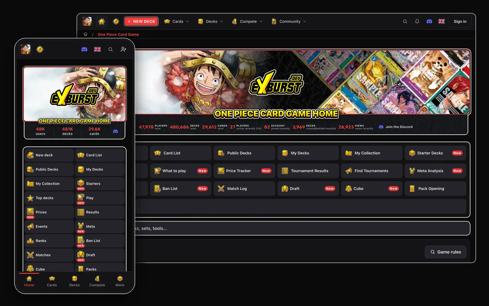 The One Piece Card Game home, on desktop and on a phone.