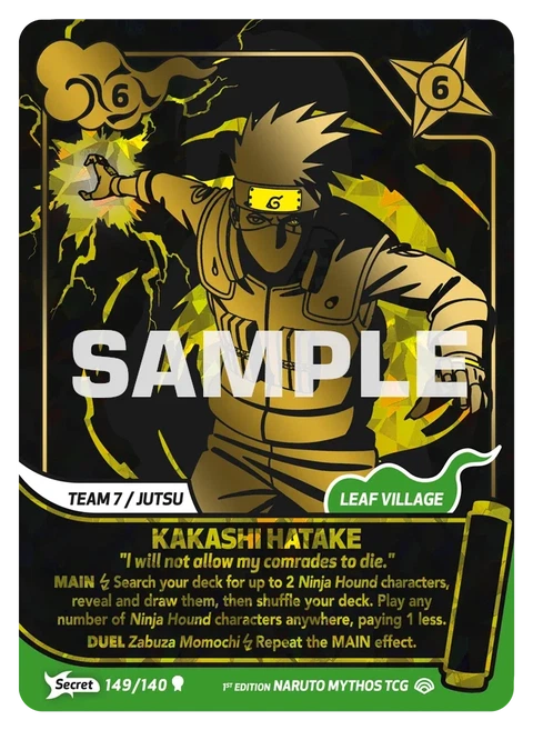 Kakashi Hatake I will not allow my comrades to die. - Naruto Mythos TCG card